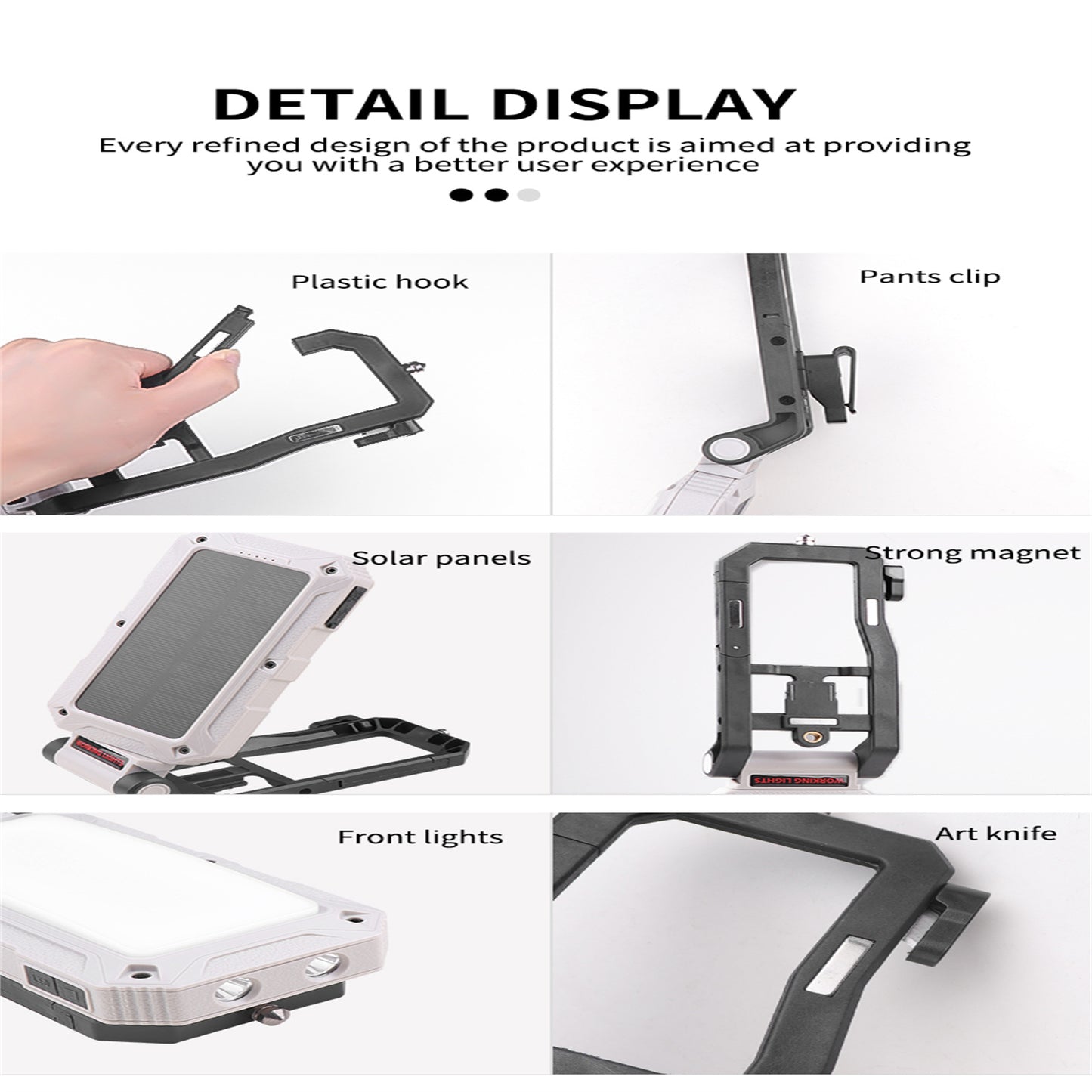 Rechargeable Work Light Portable Folding Solar Powered 360 Degree Rotation Flashlight with Magnetic Hook Design