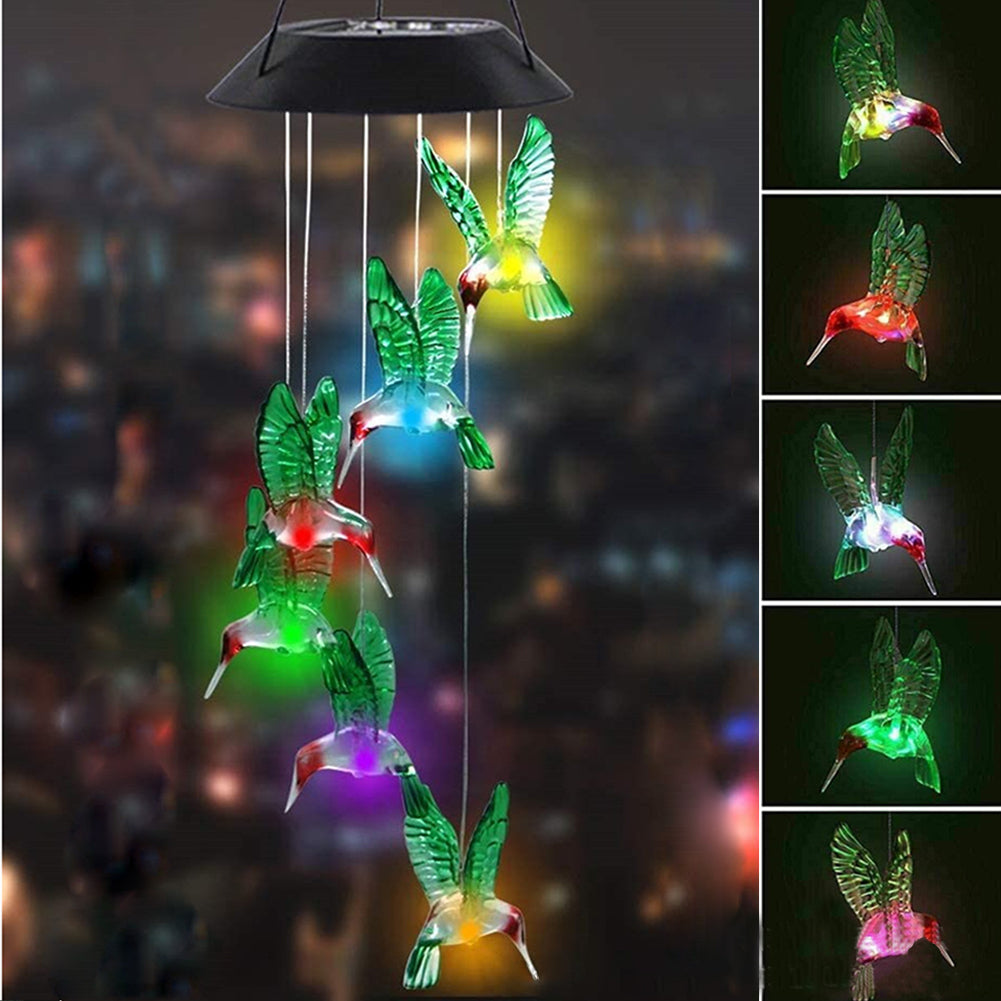 LED Colorful Solar Power Wind Chime Waterproof 7 Colors-changing Windchime Hummingbird Butterfly Solar Light For Garden Outdoor green hummingbird