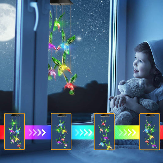 LED Colorful Solar Power Wind Chime Waterproof 7 Colors-changing Windchime Hummingbird Butterfly Solar Light For Garden Outdoor green hummingbird