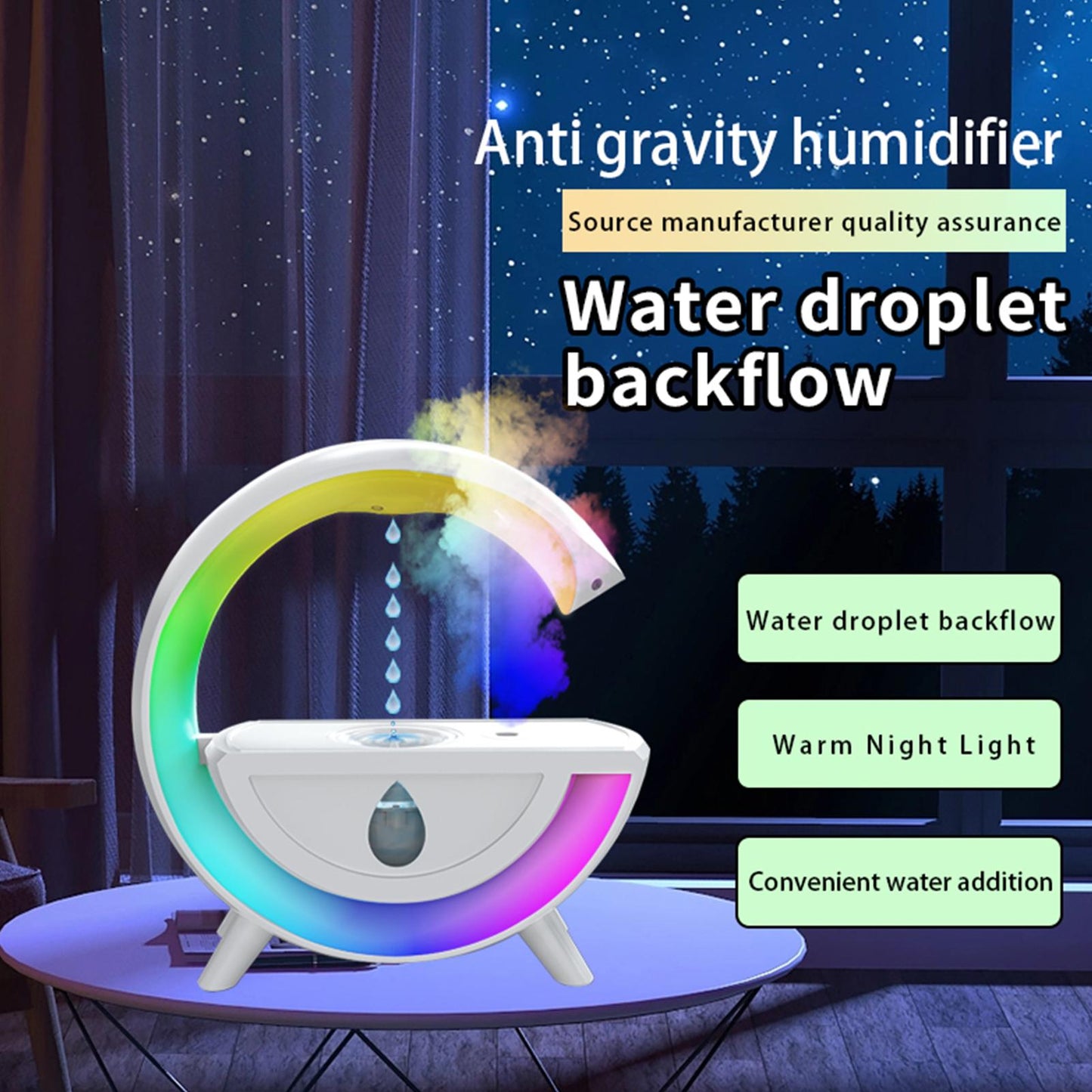 Anti-Gravity Humidifier 800ml Cool Mist Light Home Office Humidifier Countercurrent Humidifier White