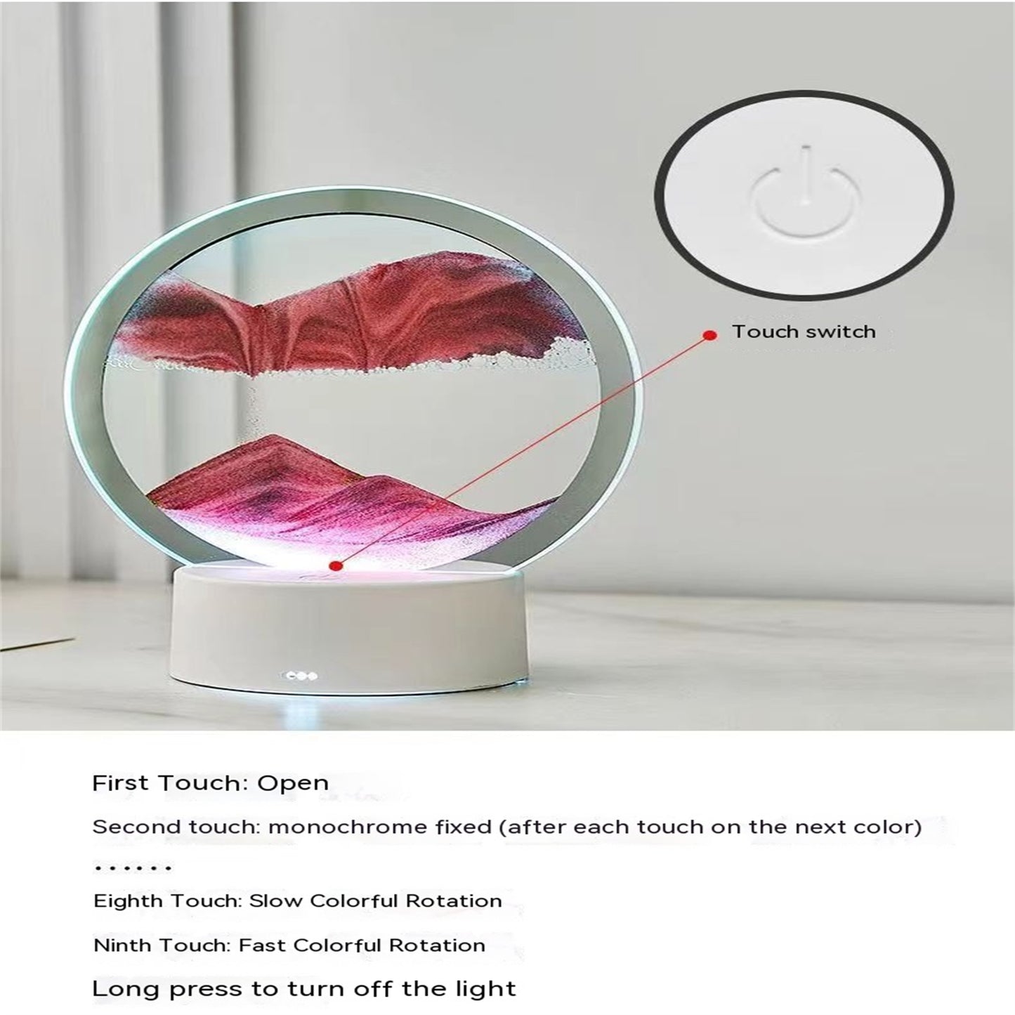 LED Quicksand Painting Lamp Touch Contral Desk Lights Dynamic Desktop Bedside Ornament For Home Office Desktop Decor black