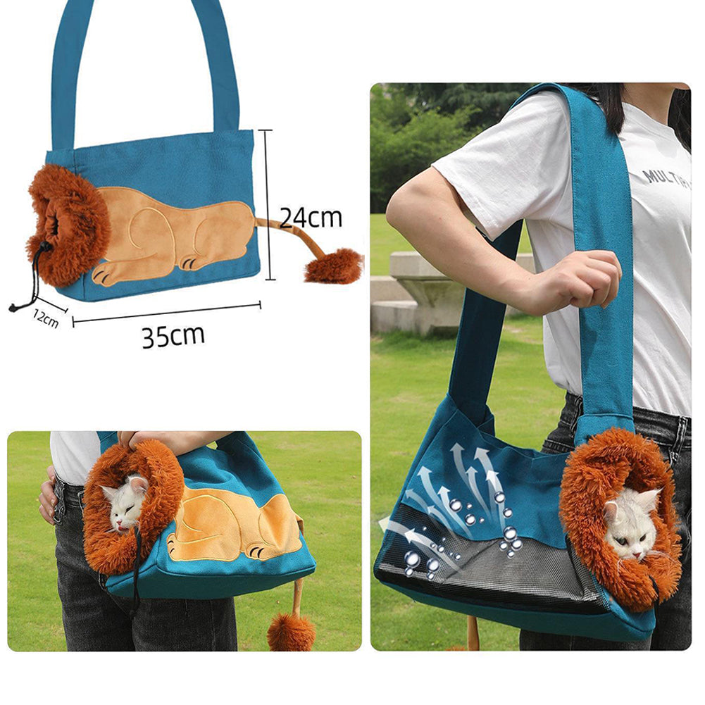 Pet Canvas Shoulder Carrying Bag Lion-Shaped Cat Carrier Portable Reusable Tote Chest Bag For Small Dogs Cats Pet Supplies Lake blue small