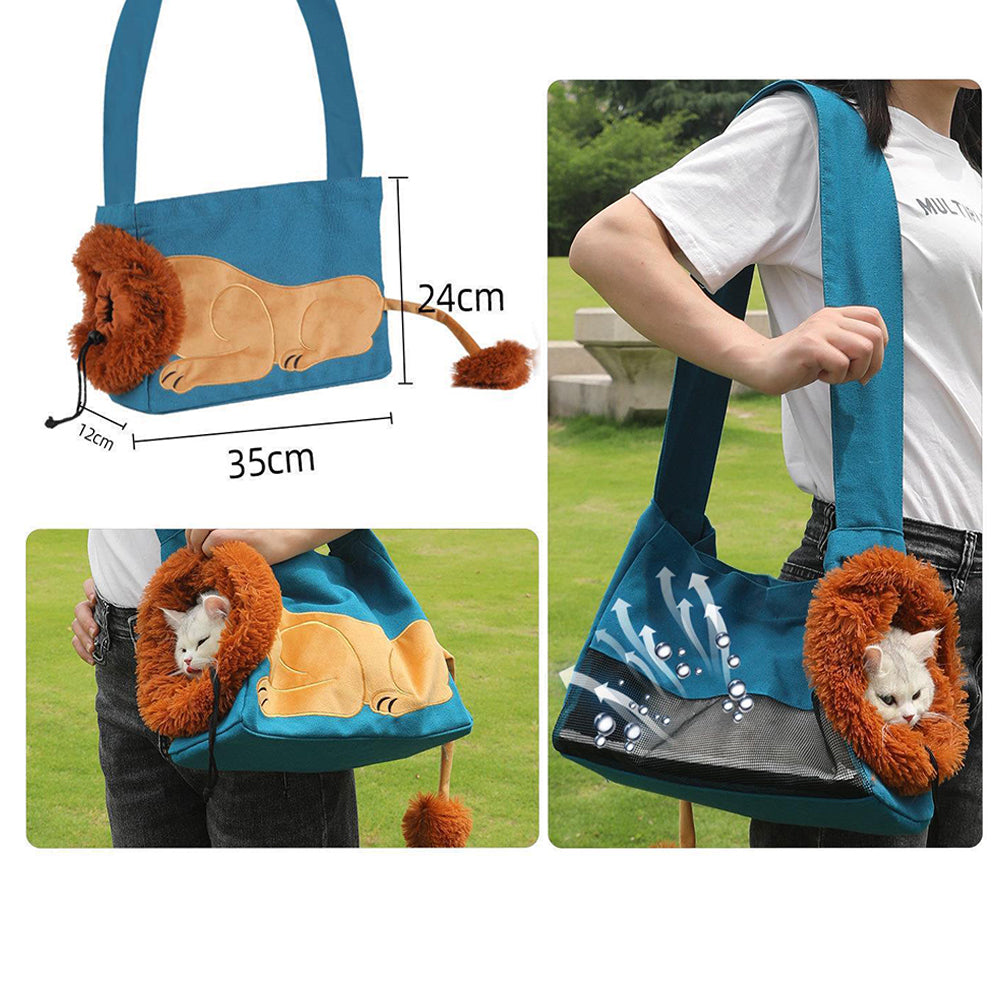 Pet Canvas Shoulder Carrying Bag Lion-Shaped Cat Carrier Portable Reusable Tote Chest Bag For Small Dogs Cats Pet Supplies Lake blue large