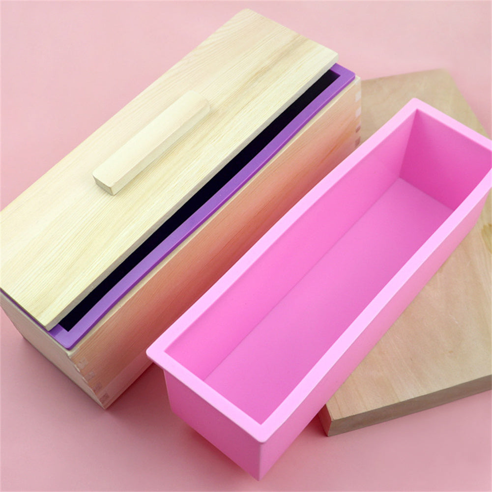 1200ml Silicone Soap Mold With Wood Box Cover Microwaves Safe High Heat-Resistant Temperature For DIY Crafts (27 x 8.5 x 8cm) pink