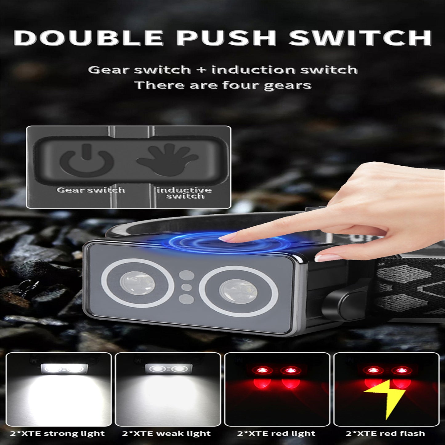 Headlamp 45° Angle Adjustable USB Rechargeable Headlight With Inductive Switch IPX4 Waterproof LED Head Lamp For Outdoor Camping black