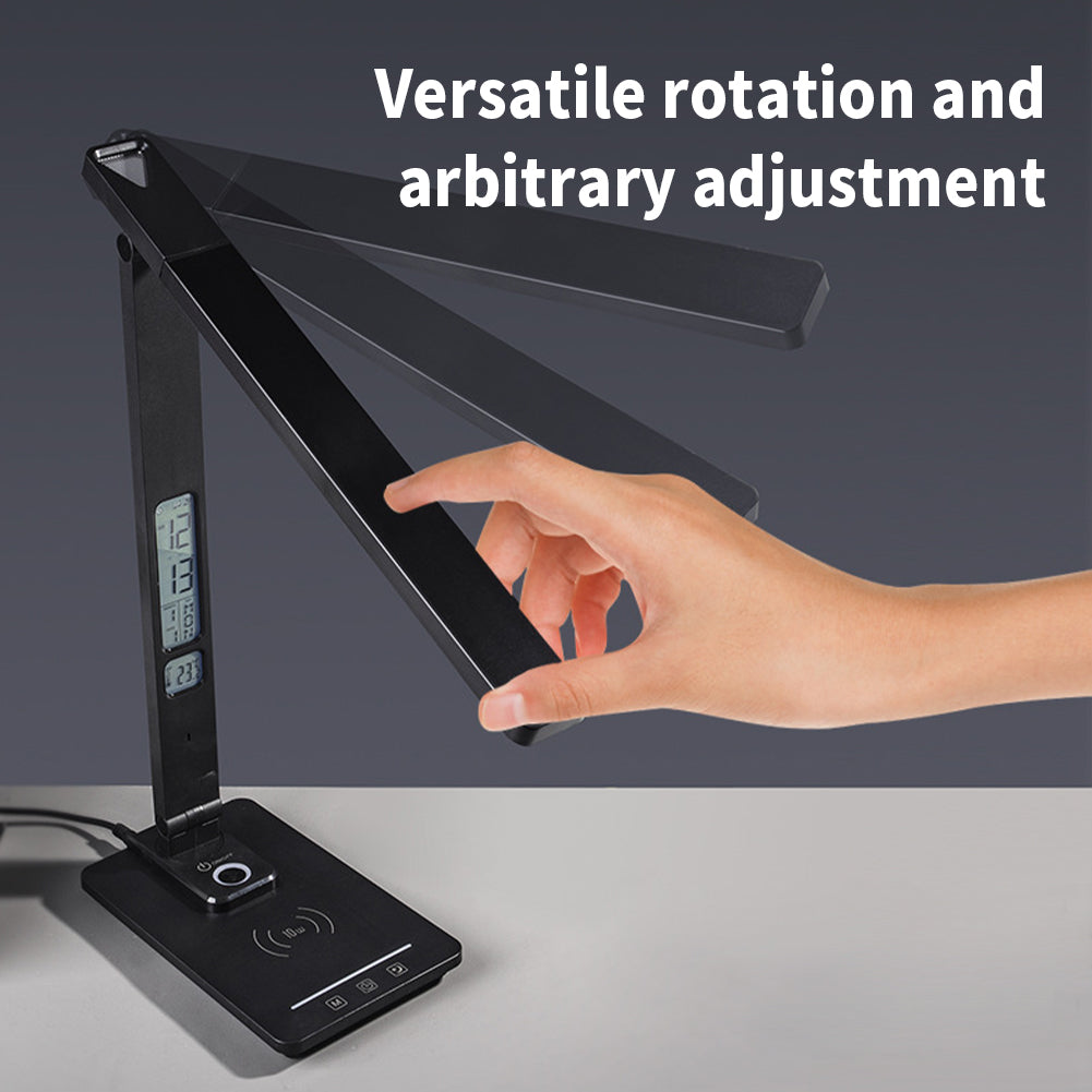LED Desk Lamp with Wireless Charger Dual Lcd Display Multi-functional Smart Eye Caring Table Lamps Black US Plug
