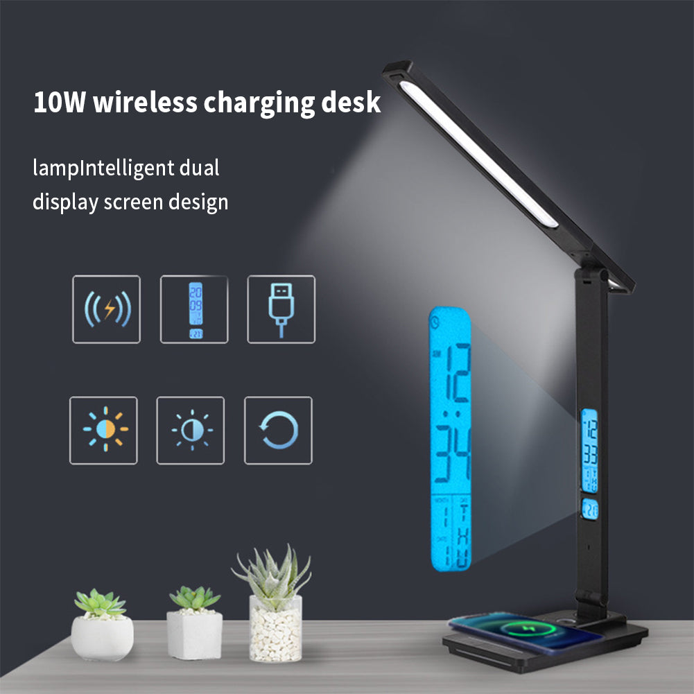 LED Desk Lamp with Wireless Charger Dual Lcd Display Multi-functional Smart Eye Caring Table Lamps Black US Plug