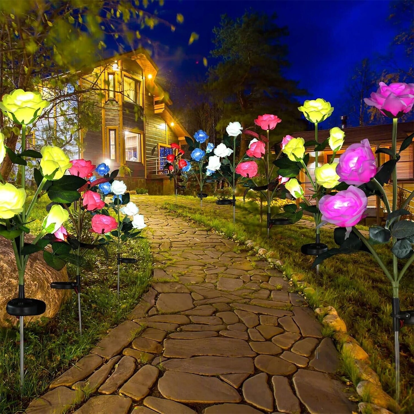 Solar 5 Heads Rose Lamp Outdoor Waterproof Simulation Rose Flower Lawn Decorative Lamp For Garden Yard Patio Decoration white