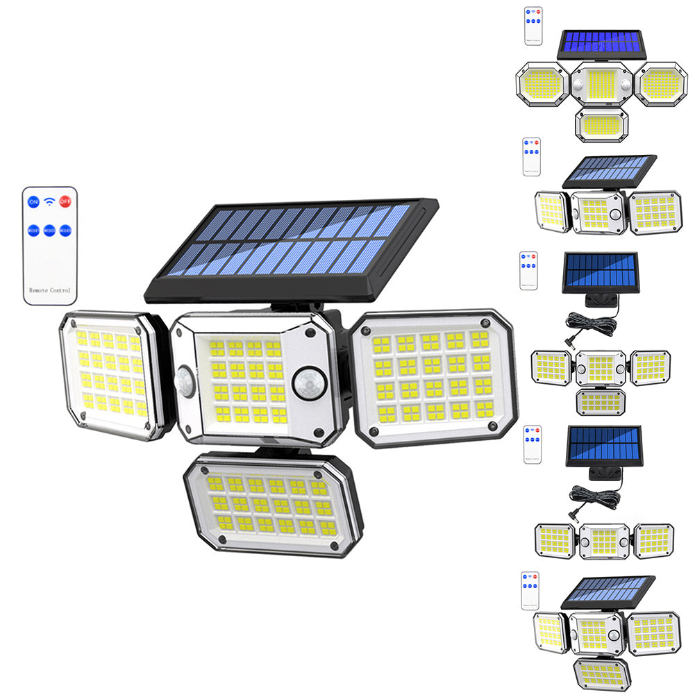 Outdoor Solar Lights with Remote Control 3 Lighting Modes IP65 Waterproof Motion Sensor Wall Light 4 Heads 296led
