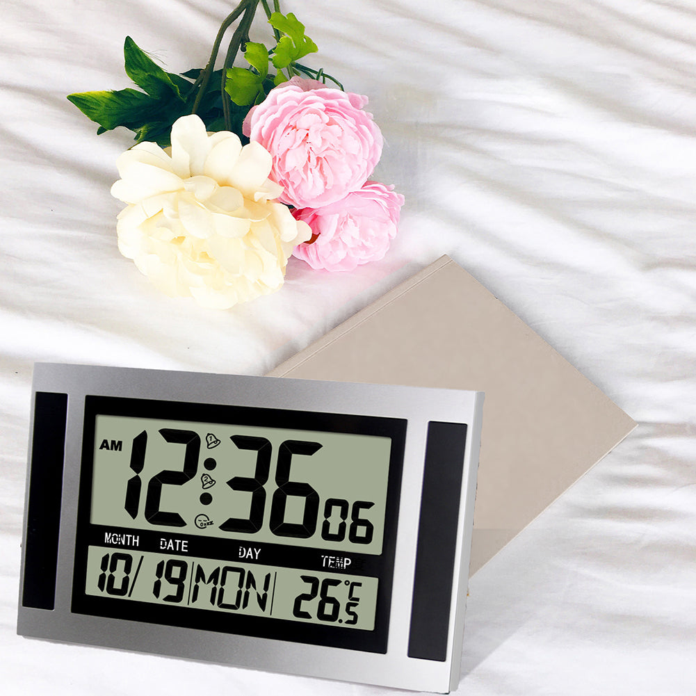 Digital Alarm Clock Battery Powered LCD High Definition Screen Wall/Desk Clock With Indoor Temperature Calendar Light grain/silver