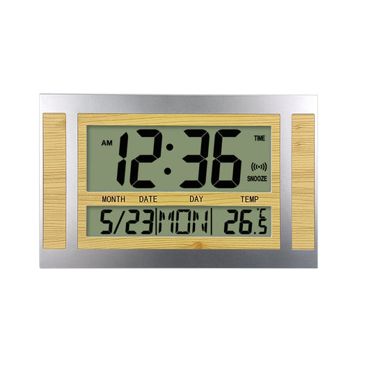 Digital Alarm Clock Battery Powered LCD High Definition Screen Wall/Desk Clock With Indoor Temperature Calendar Light grain/silver