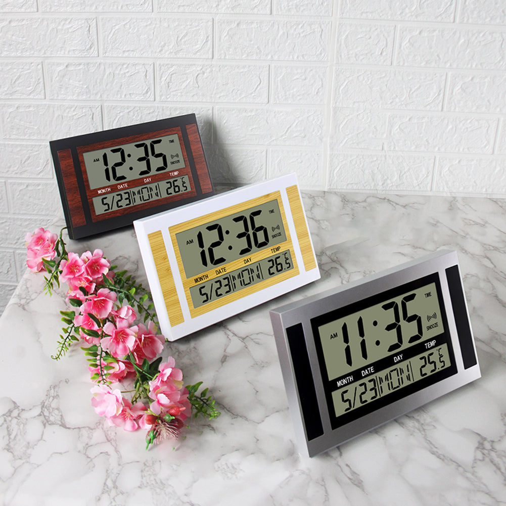 Digital Alarm Clock Battery Powered LCD High Definition Screen Wall/Desk Clock With Indoor Temperature Calendar Dark grain/black