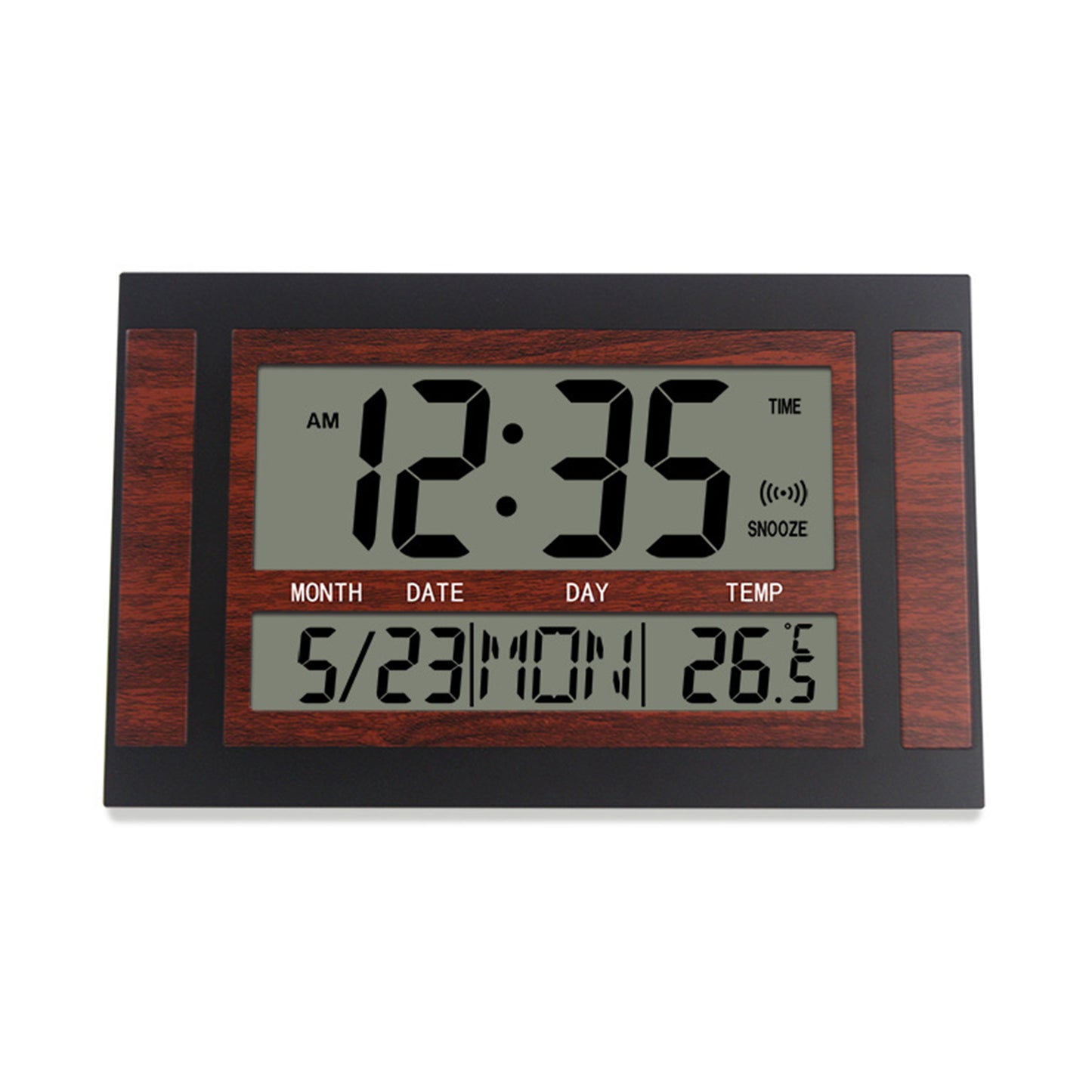 Digital Alarm Clock Battery Powered LCD High Definition Screen Wall/Desk Clock With Indoor Temperature Calendar Dark grain/black