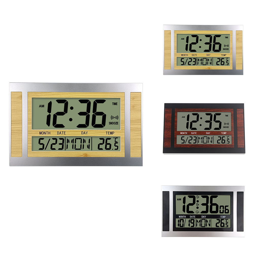 Digital Alarm Clock Battery Powered LCD High Definition Screen Wall/Desk Clock With Indoor Temperature Calendar silver black