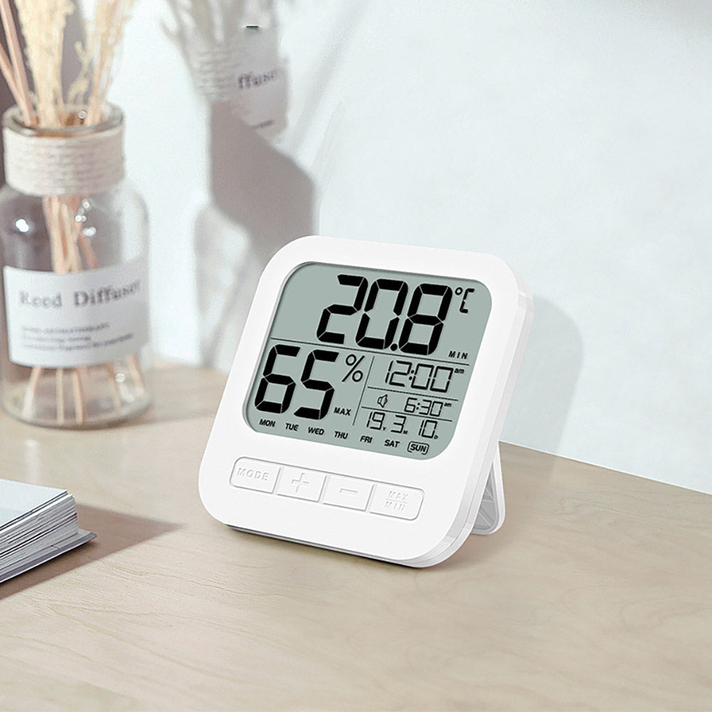 Mini Digital Thermometer Hygrometer Alarm Clock LCD Display Battery Powered For Home Office Restaurants Bars Cafe White