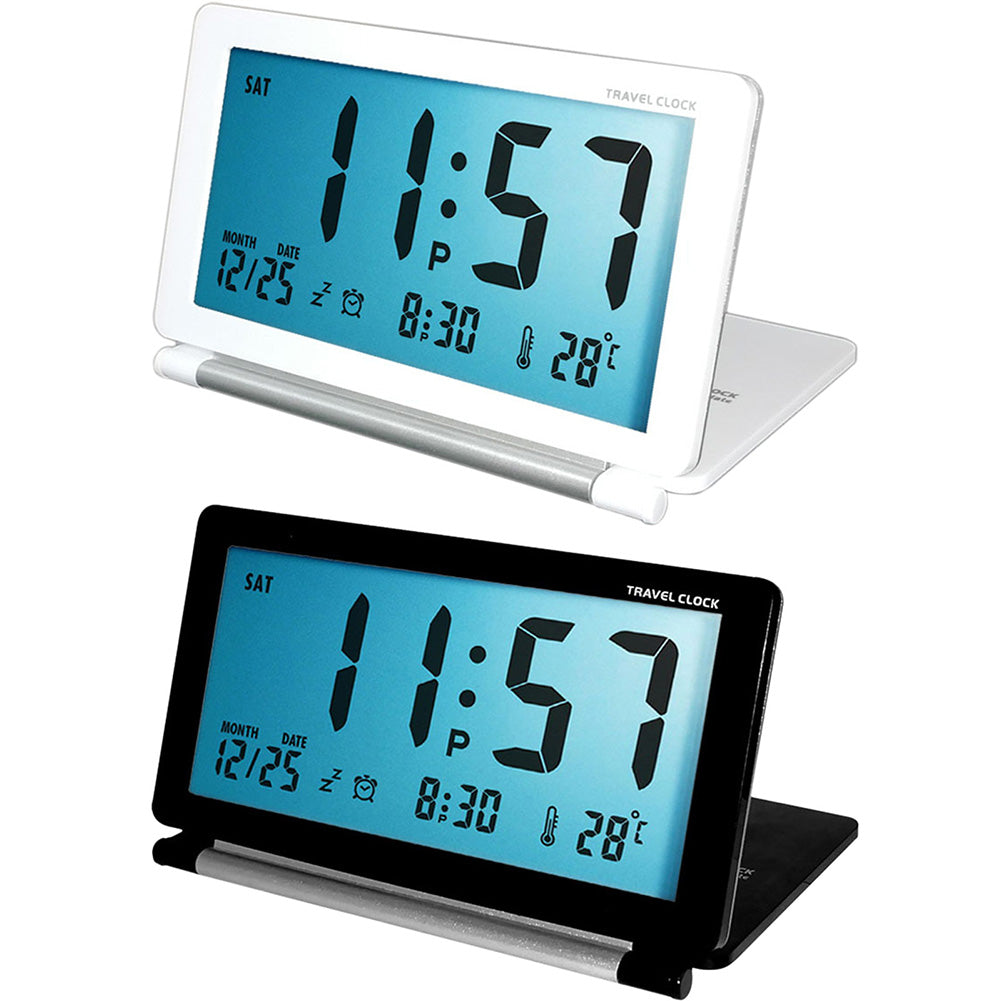 Electronic Alarm Clock With Night Light Folding Silent LCD Digital Clock With Snooze Mode Date Calendar 12/24 H Temperature Display For Travel White