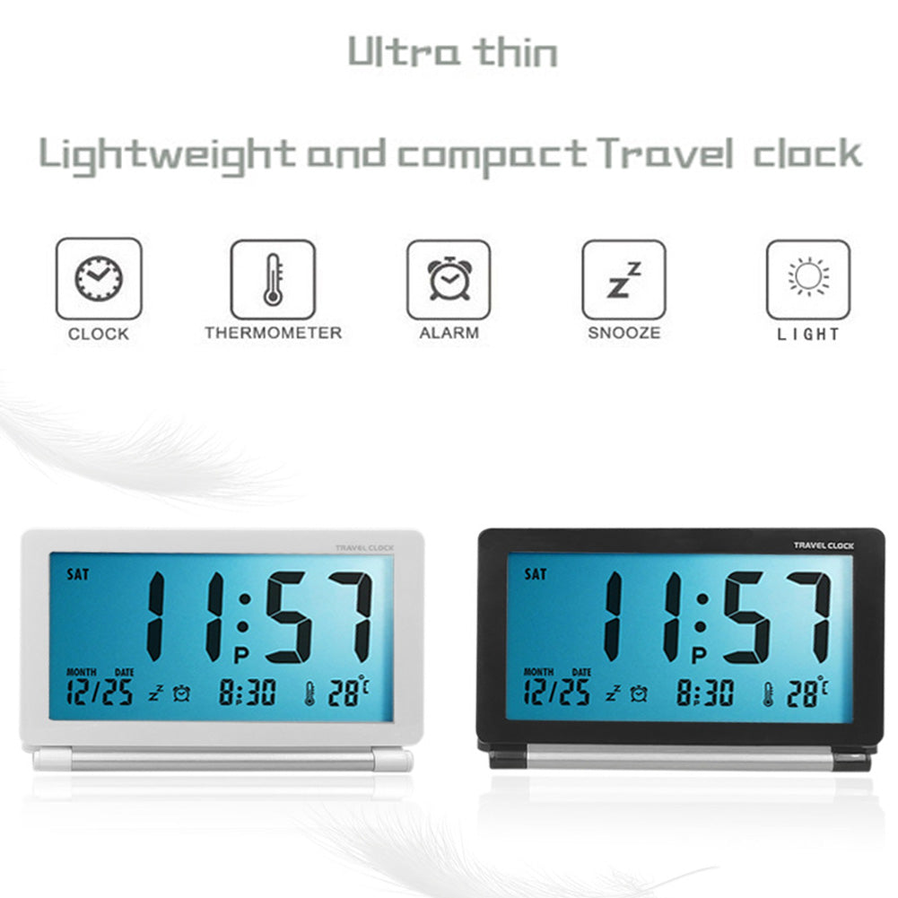 Electronic Alarm Clock With Night Light Folding Silent LCD Digital Clock With Snooze Mode Date Calendar 12/24 H Temperature Display For Travel White