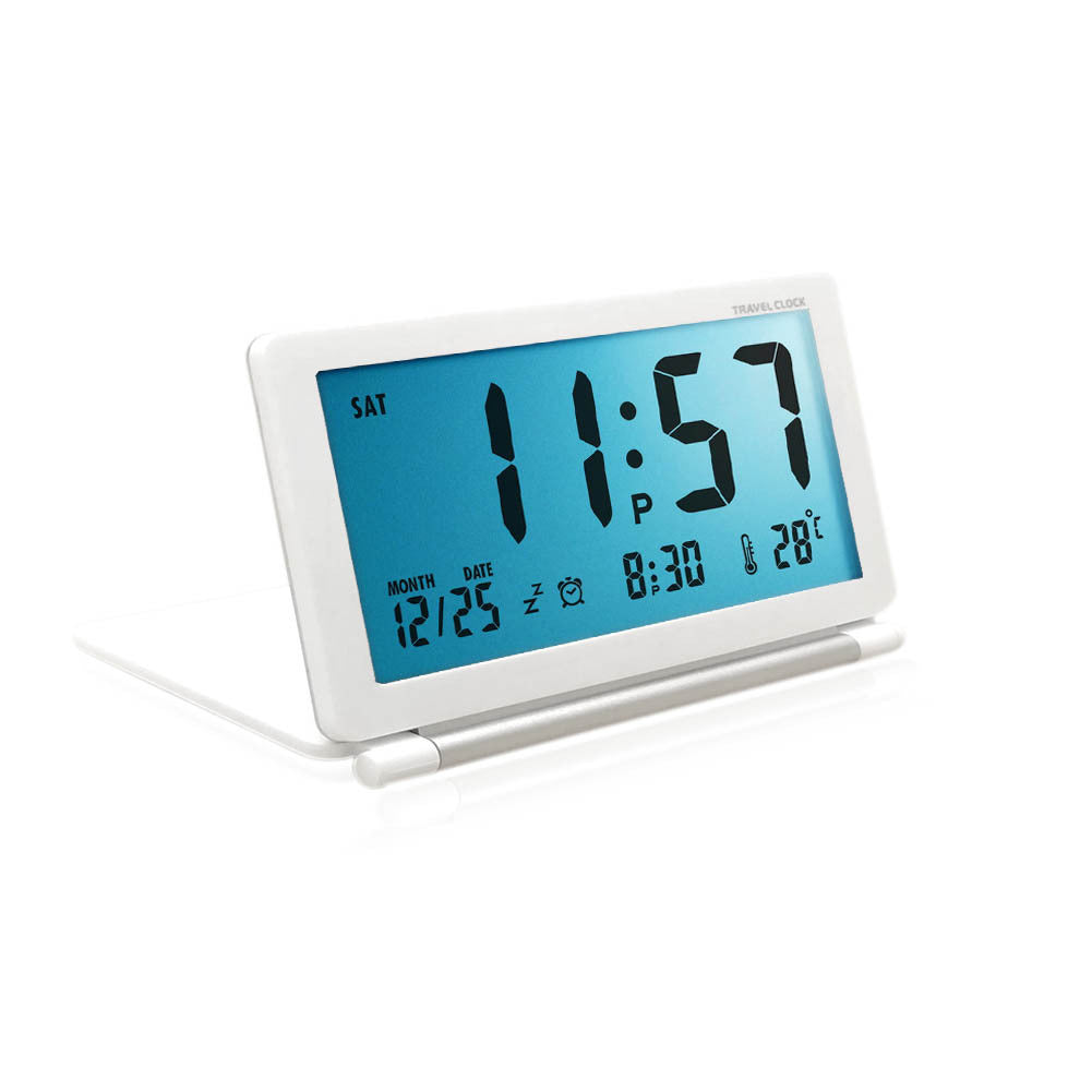 Electronic Alarm Clock With Night Light Folding Silent LCD Digital Clock With Snooze Mode Date Calendar 12/24 H Temperature Display For Travel White