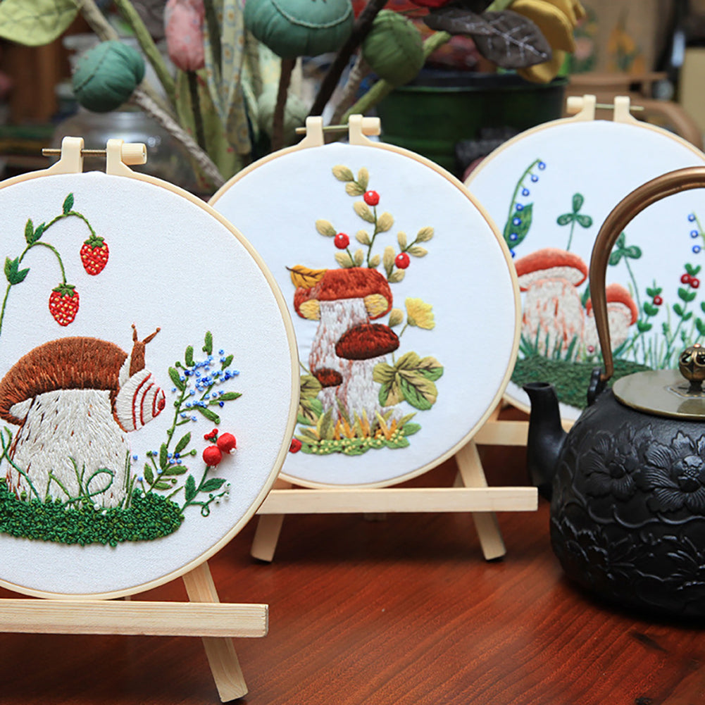 Embroidery Starter Kit With Embroidery Hoops Scissors Needle Threader Colorful Mushrooms Pattern Cross Stitch Starter Kits 3-piece set