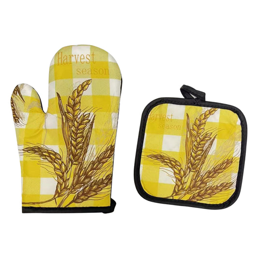 2Pcs Oven Mitts Pot Holders Sets Cute Print Heat Resistant Kitchen Mittens Cooking Gloves For Microwave BBQ Baking Grilling Yellow wheat style