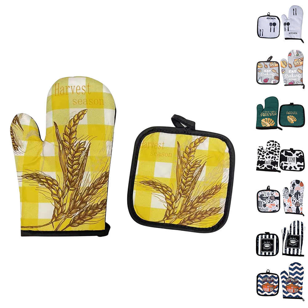 2Pcs Oven Mitts Pot Holders Sets Cute Print Heat Resistant Kitchen Mittens Cooking Gloves For Microwave BBQ Baking Grilling Yellow wheat style