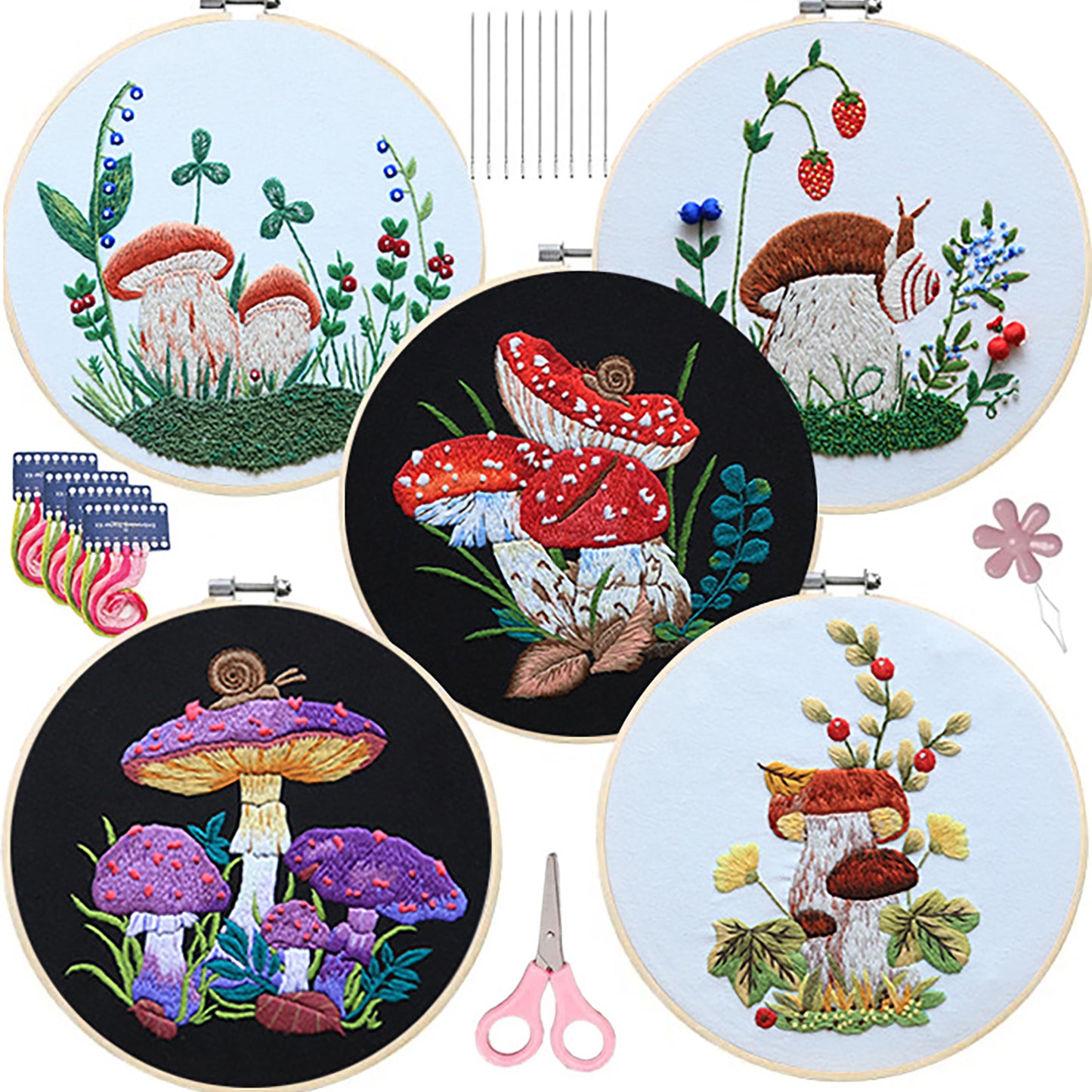 Embroidery Starter Kit With Embroidery Hoops Scissors Needle Threader Colorful Mushrooms Pattern Cross Stitch Starter Kits 5-piece set