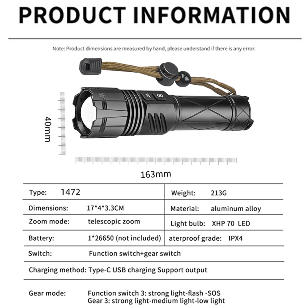 30W LED Mini Flashlight Type-c Charging XHP70 Strong Light Aluminum Alloy Hand Lantern For Emergency Camping Hiking 1472 white flashlight