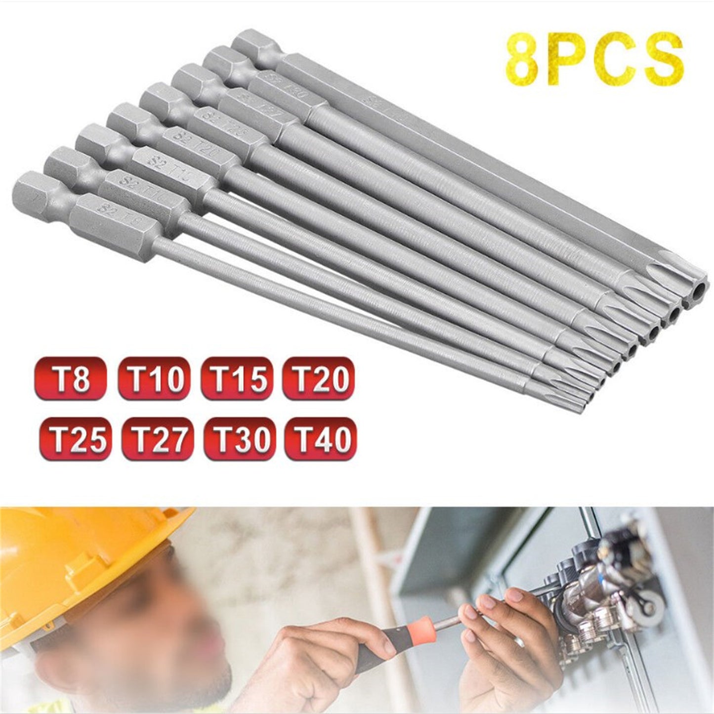 8Pcs Screwdriver Bit With 1/4'' Shank 150mm 200mm Screw Wrench Magnetic Star T8 T10 T15 T20 T25 T27 T30 T40 100mm