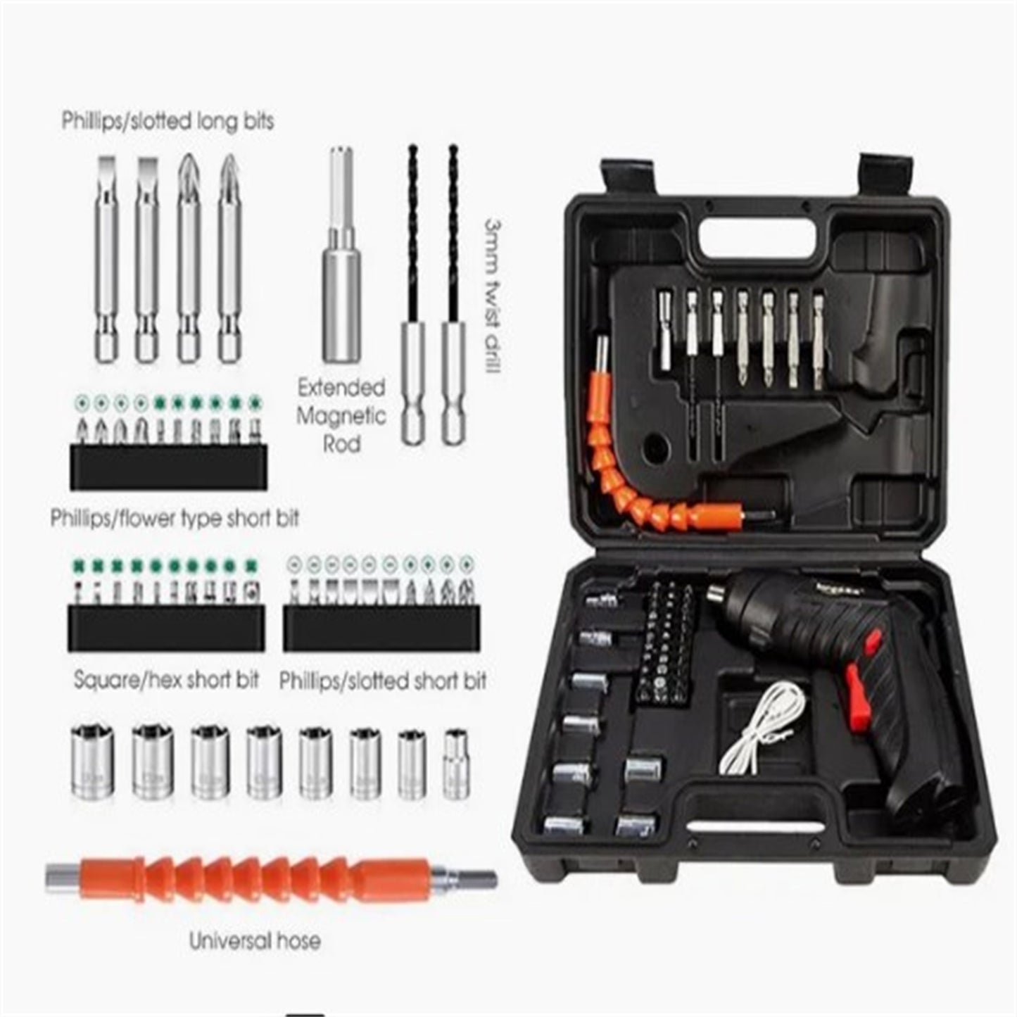 47PCS 3.6v Electric Screwdriver Set 1800mah Battery Powered Portable Cordless Power Screwdriver with LED Light Black