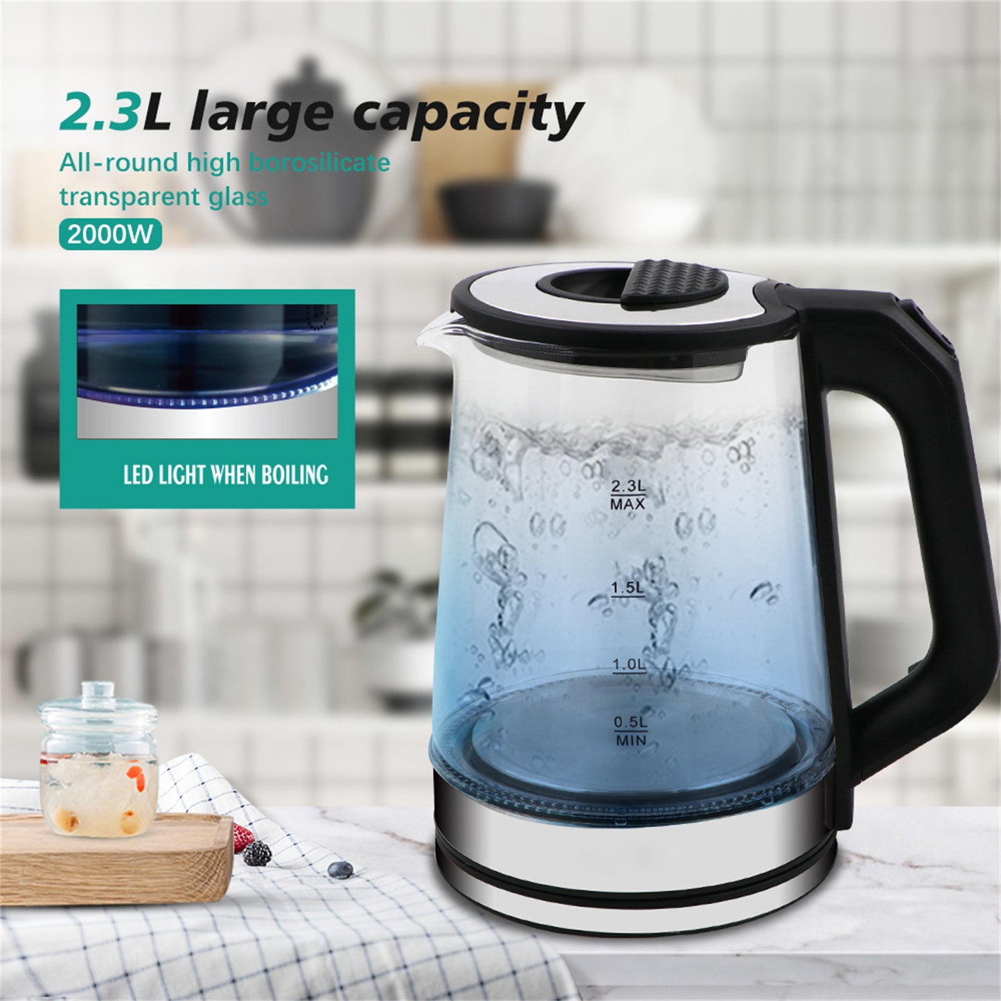 2000W Glass Electric Kettle With Automatic Shut Off 2.3L Large Capacity Fast Boilling Teapot Hot Water Heater Suitable For Milk Coffee Water Tea (EU Plug) black