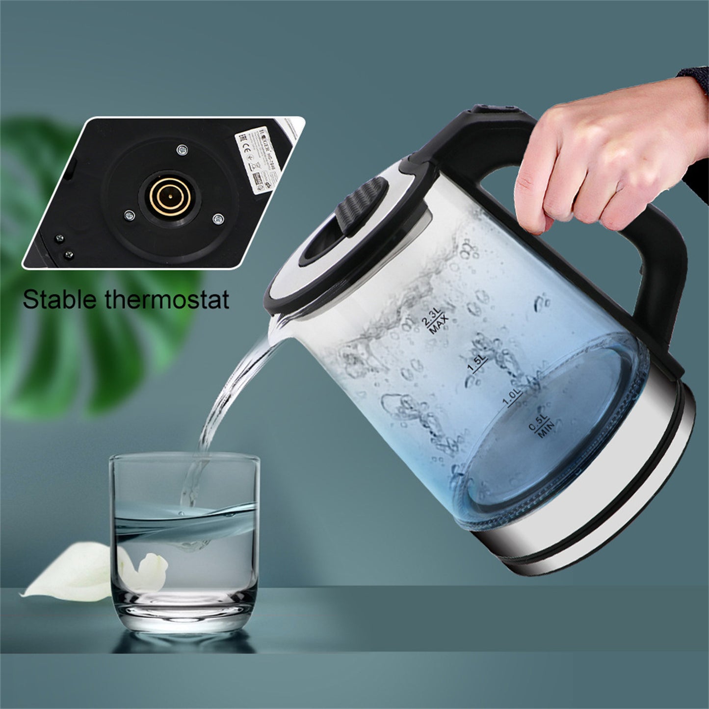 2000W Glass Electric Kettle With Automatic Shut Off 2.3L Large Capacity Fast Boilling Teapot Hot Water Heater Suitable For Milk Coffee Water Tea (EU Plug) black