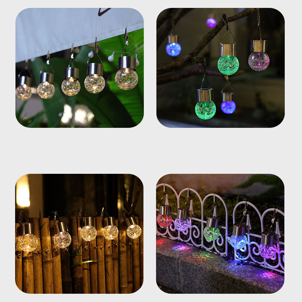 5pcs LED Cracked Glass Ball Light With Solar Panels Stainless Steel Hooks Solar Powered Hanging Lamp For Wedding Christmas Home Party Garden Patio Decor Warm White