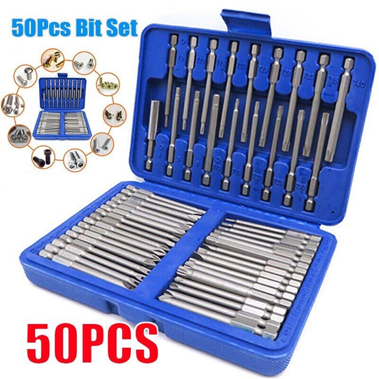 50pcs Magnetic Screwdriver Bit Set With Storage Box 75mm Ultra Long High Strength Chromium Vanadium Steel Drill Bits Set (75 x 6.35 x 6.35mm/2.95 x 0.25 x 0.25'') blue