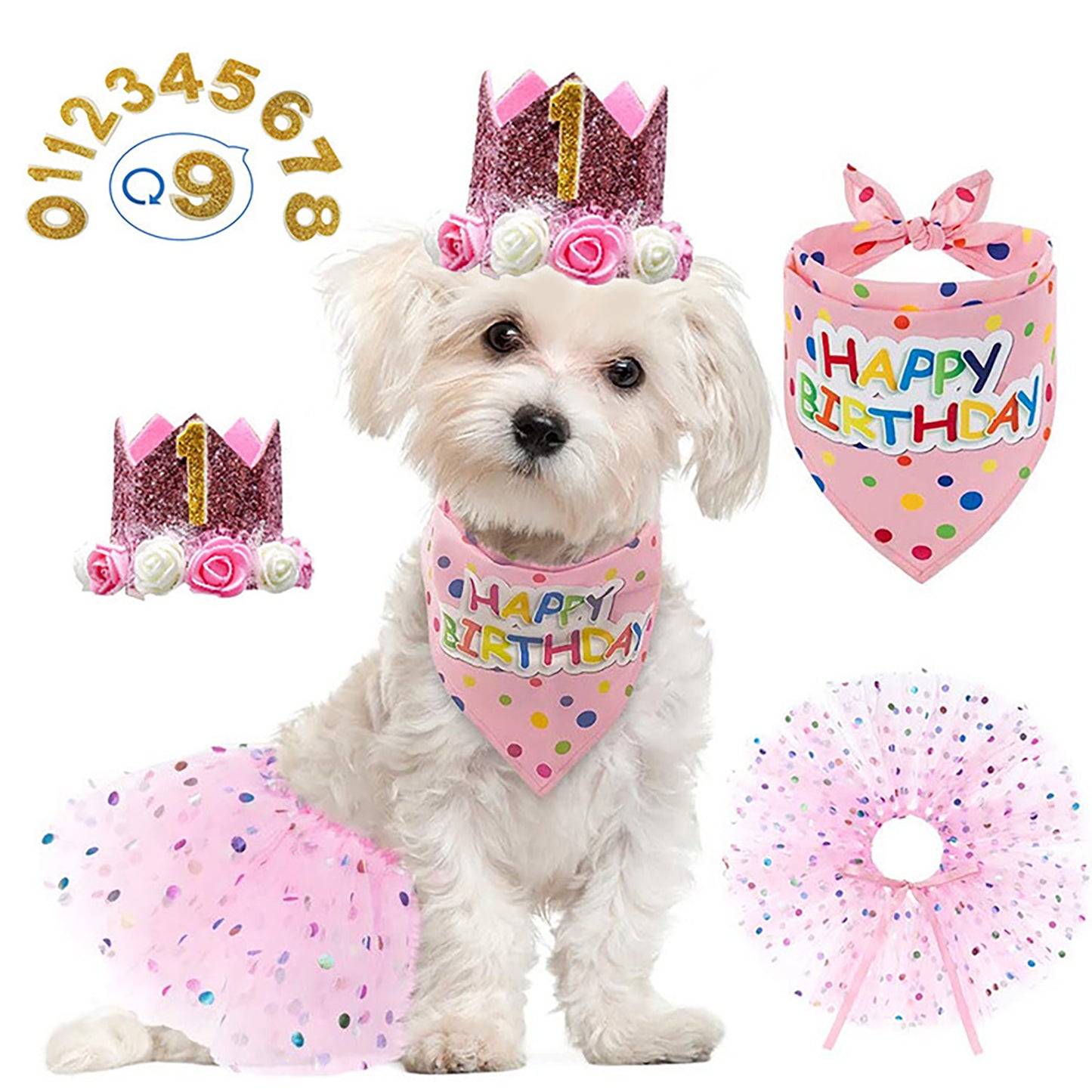 Dog Birthday 1st Party Supplies Scarf Tutu Skirt Crown Hat With 0-8 Numbers Pet Supplies For Puppy Birthday Outfit as shown