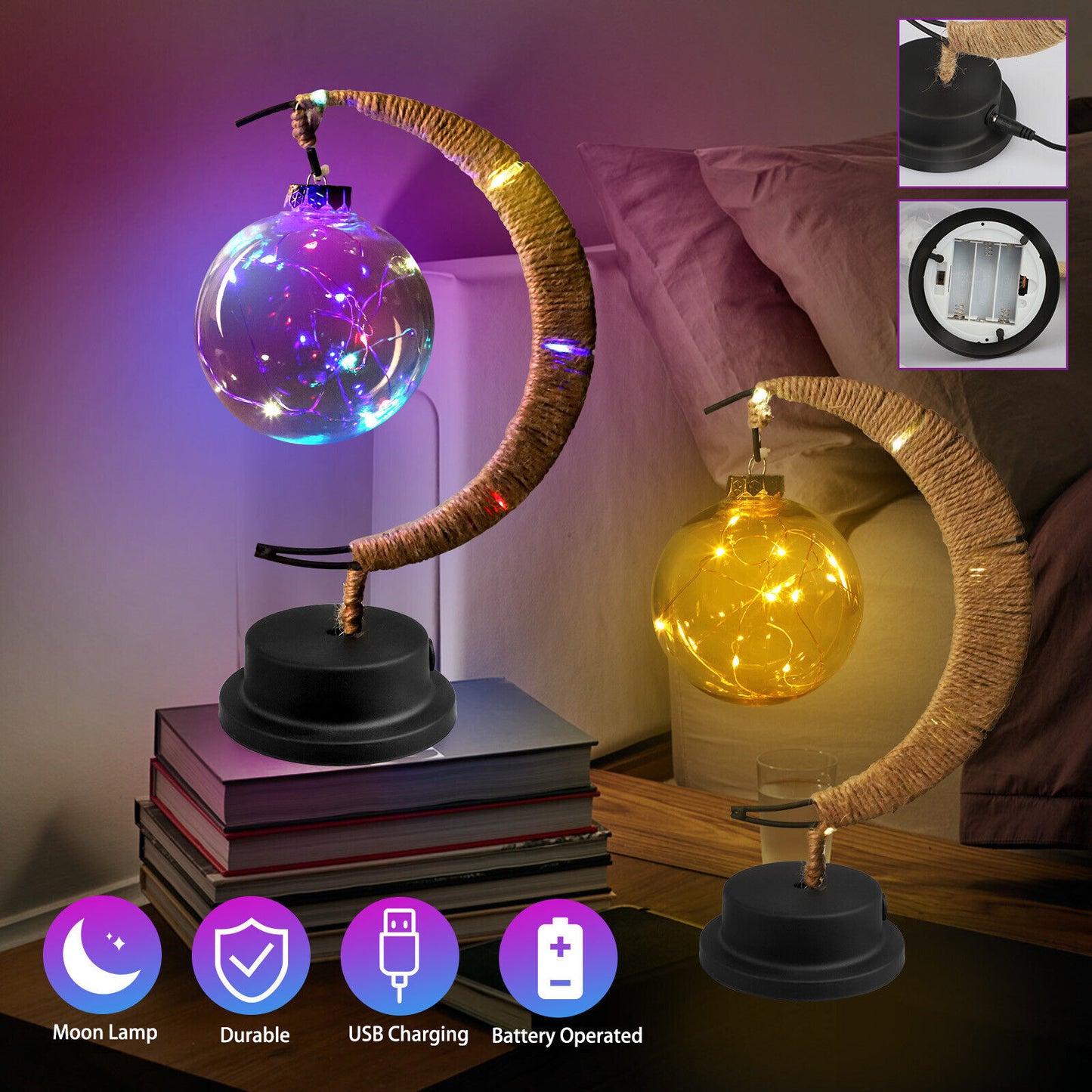 Christmas Lunar Lamp With Jute Twine Super Bright Eye Protection Moon Shape Vintage Style LED Crescent Light Table Lamp warm white