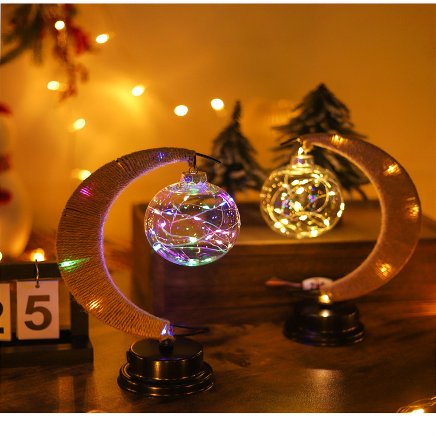 Christmas Lunar Lamp With Jute Twine Super Bright Eye Protection Moon Shape Vintage Style LED Crescent Light Table Lamp warm white