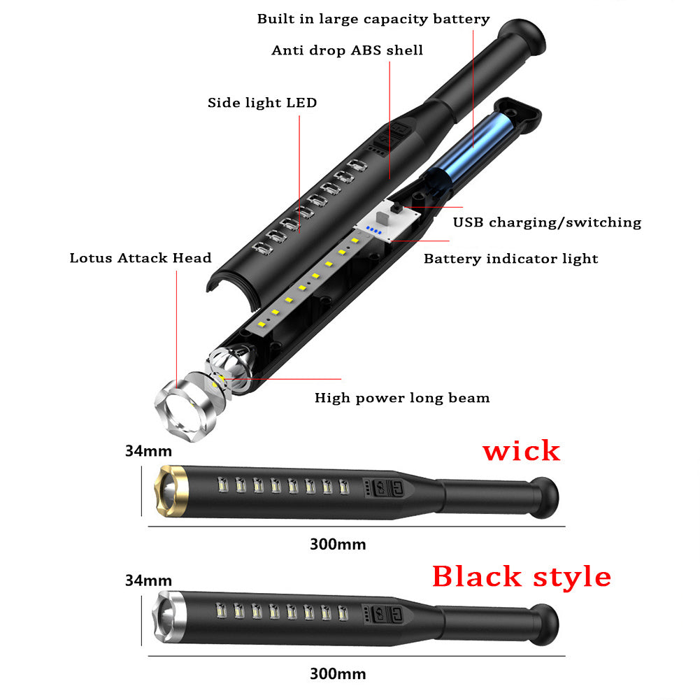 5W LED Flashlight With Indicator Light 300LM High Brightness 5 Lighting Modes USB Rechargeable Strong Light Baseball Bat Torch For Camping Emergencies Hiking black