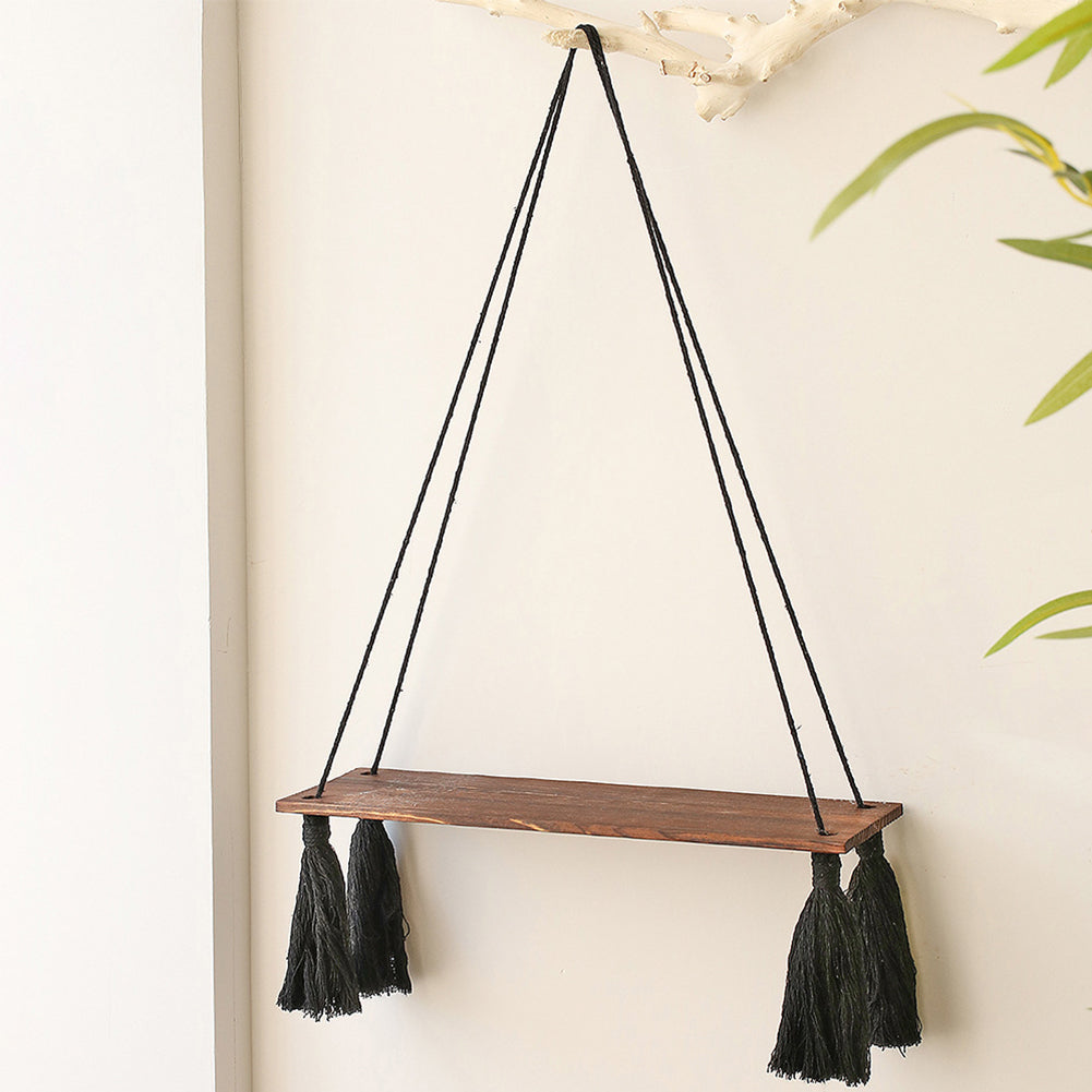 Wall Hanging Shelves Plant Shelf Rope Wooden Hanging Storage Floating Shelves For Bedroom Bathroom Living Room black