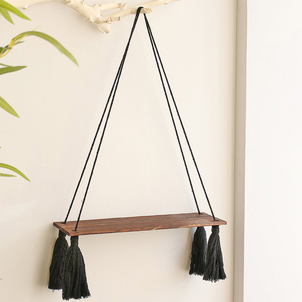 Wall Hanging Shelves Plant Shelf Rope Wooden Hanging Storage Floating Shelves For Bedroom Bathroom Living Room black