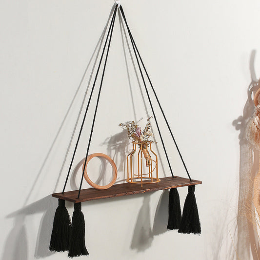 Wall Hanging Shelves Plant Shelf Rope Wooden Hanging Storage Floating Shelves For Bedroom Bathroom Living Room black