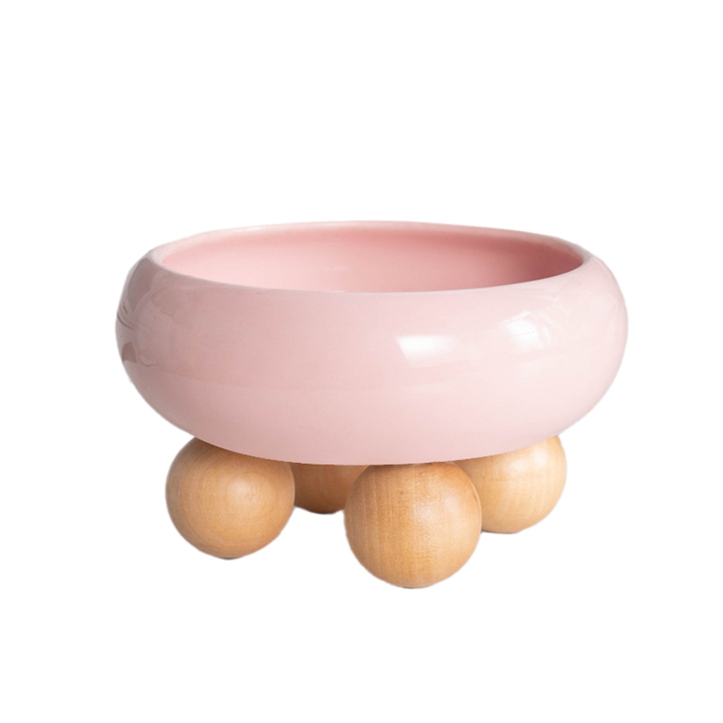 Ceramic Cat Feeding Bowls Large Capacity Neck Protection Anti Vomiting Food Water Bowls Food Dispenser With Wooden Ball Rack (15.2 x 8.8cm) (pink)