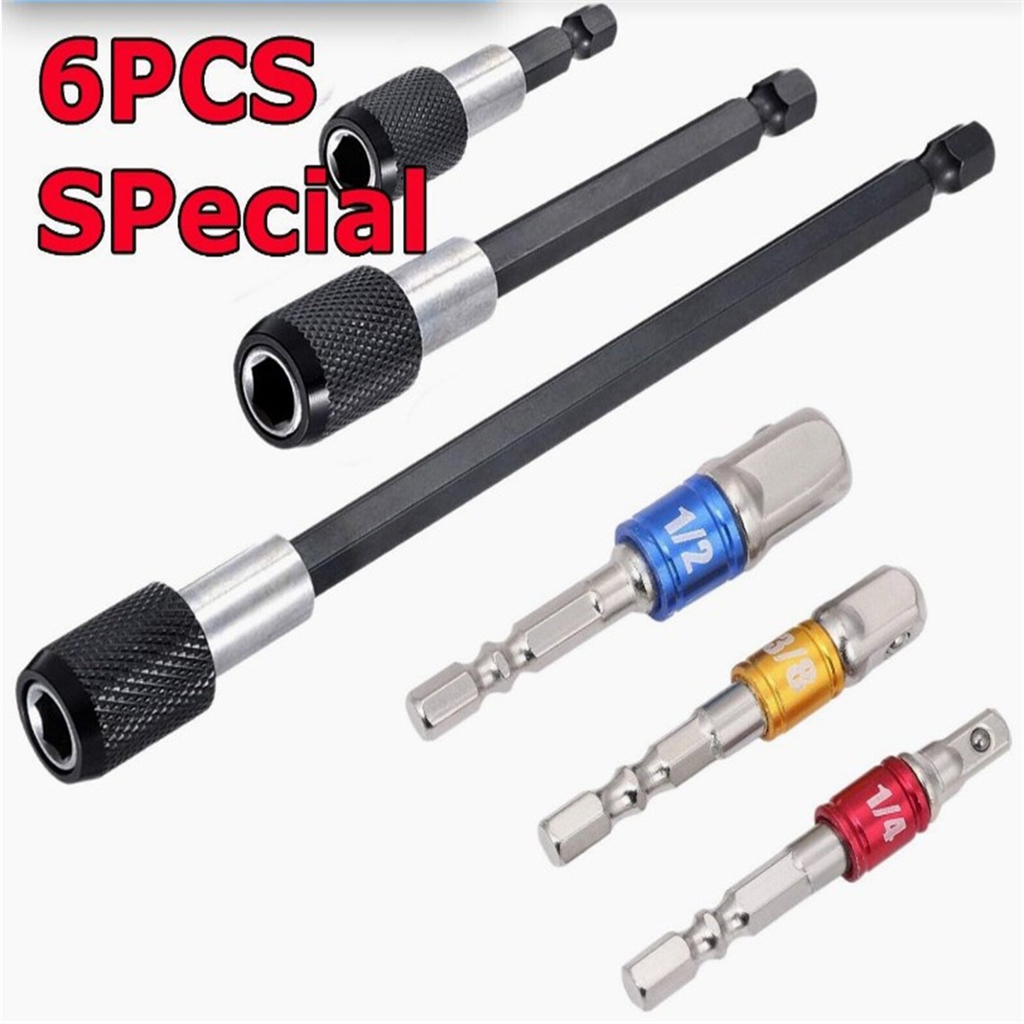 6pcs Magnetic Screwdriver Bit Holder With 1/4 Hex Shank For Hex Nut Drivers Impact Hole Saws Spade Bits Conversion Accessory 3pcs