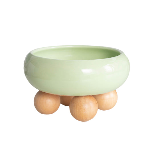 Ceramic Cat Feeding Bowls Large Capacity Neck Protection Anti Vomiting Food Water Bowls Food Dispenser With Wooden Ball Rack (15.2 x 8.8cm) (green)