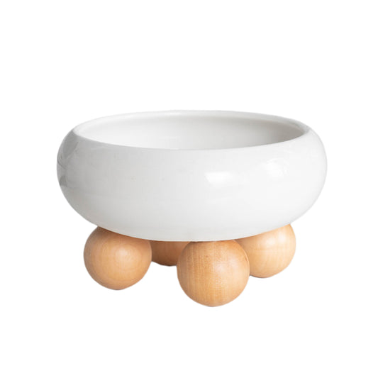 Ceramic Cat Feeding Bowls Large Capacity Neck Protection Anti Vomiting Food Water Bowls Food Dispenser With Wooden Ball Rack (15.2 x 8.8cm) (white)