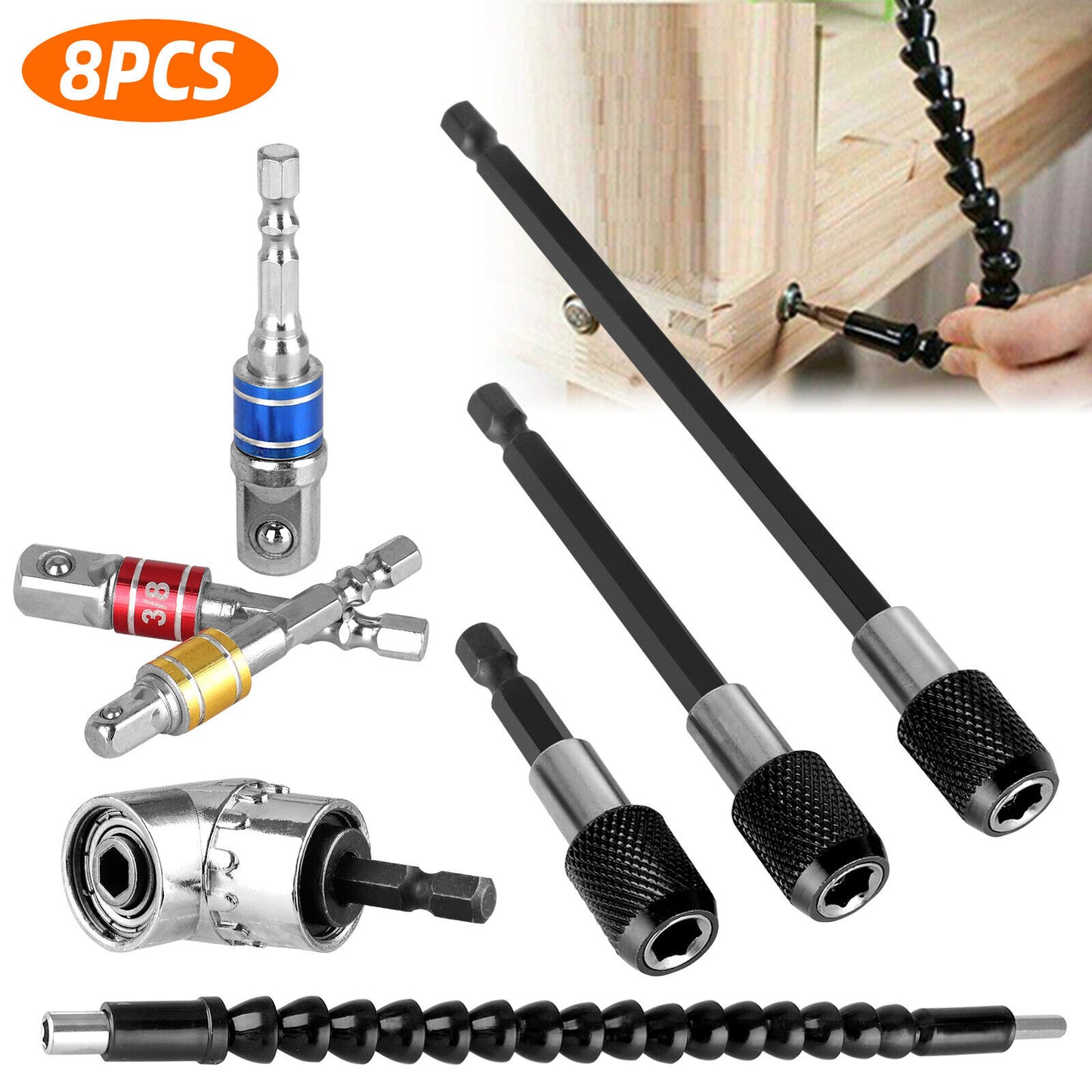 8pcs Flexible Drill Bit Extension Set With 1/4In Hex Shank For Hex Nut Drivers Impact Hole Saws Shovel Drills 8pcs