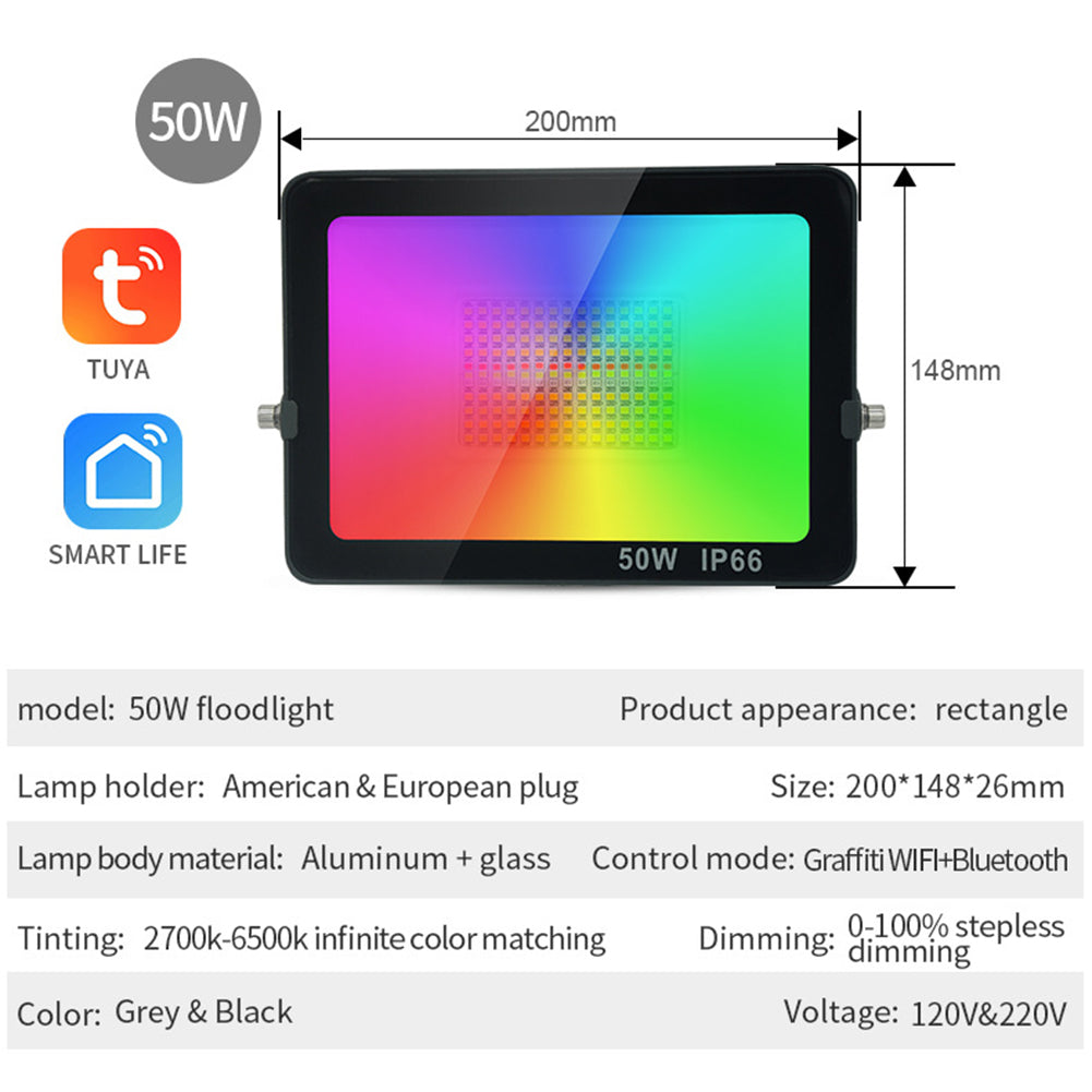 Colorful LED Floodlights Intelligent 4 Modes Wifi Bluetooth Adjustable Brightness Spotlight 50w EU Plug