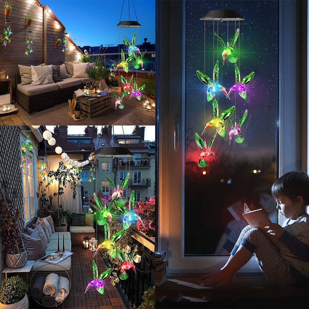 LED Colorful Solar Power Wind Chime Waterproof 7 Colors-changing Windchime Hummingbird Butterfly Solar Light For Garden Outdoor green hummingbird