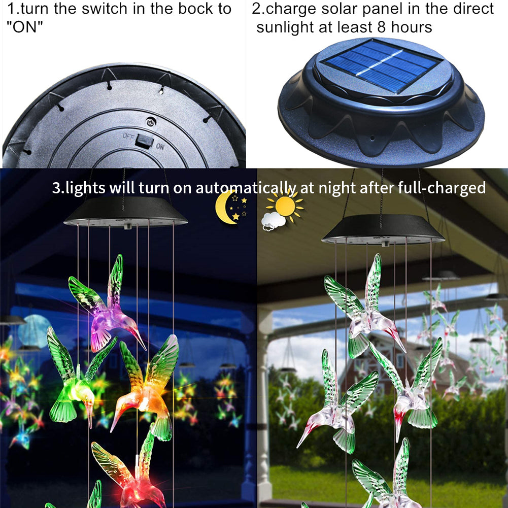 LED Colorful Solar Power Wind Chime Waterproof 7 Colors-changing Windchime Hummingbird Butterfly Solar Light For Garden Outdoor green hummingbird