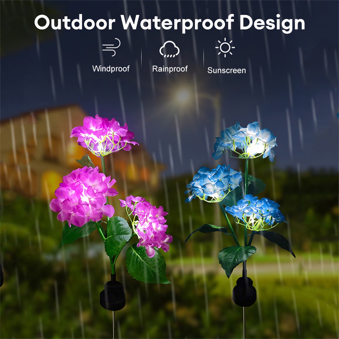 Outdoor Garden Solar LED Lights 3-Head Hydrangea Rose Flower Waterproof Stake Lights For Pathway Garden Backyard Lawn Decor blue