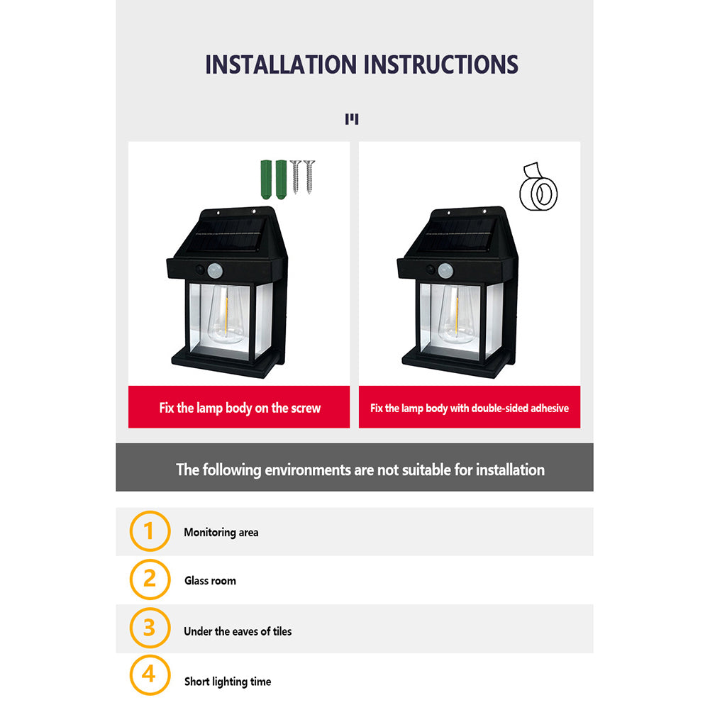 Solar Wall Lights Outdoor Waterproof Led Tungsten Filament Bulb Human Induction 3 Modes Fence Lights For Patio Yard Garden Regular white
